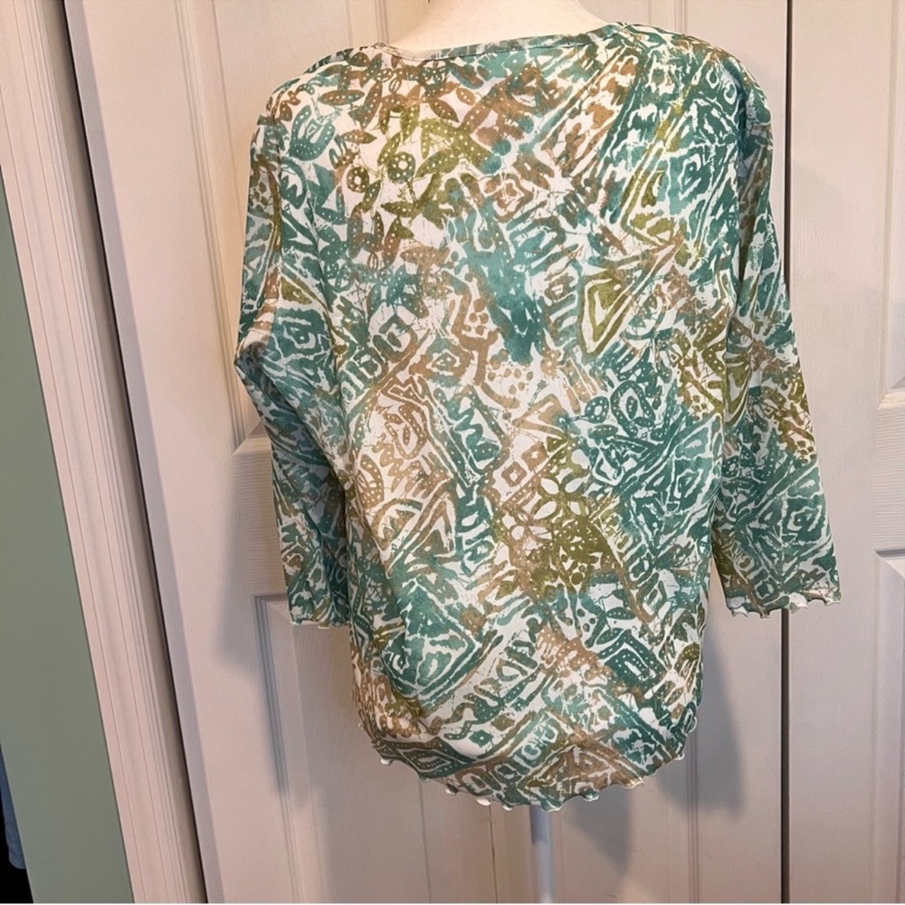 Alfred Dunner Green Tan and White Long Sleeve Top Blouse Shirt - M